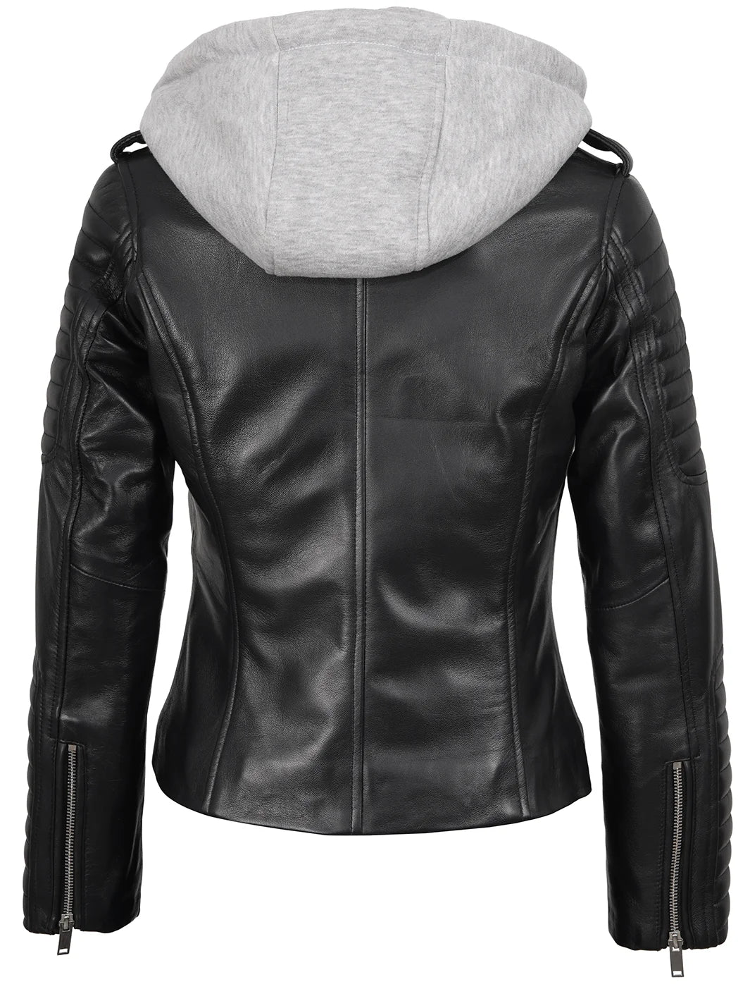 Womens Biker Black Leather Jacket With Removable Hood