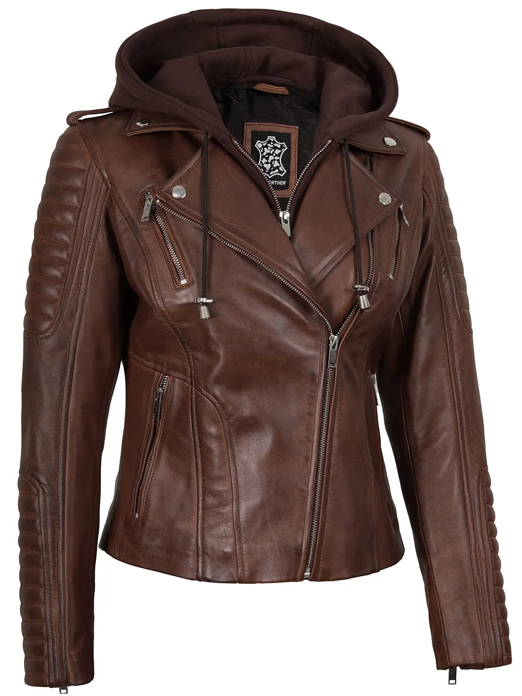 Womens Biker Leather Jacket Cognac Hooded