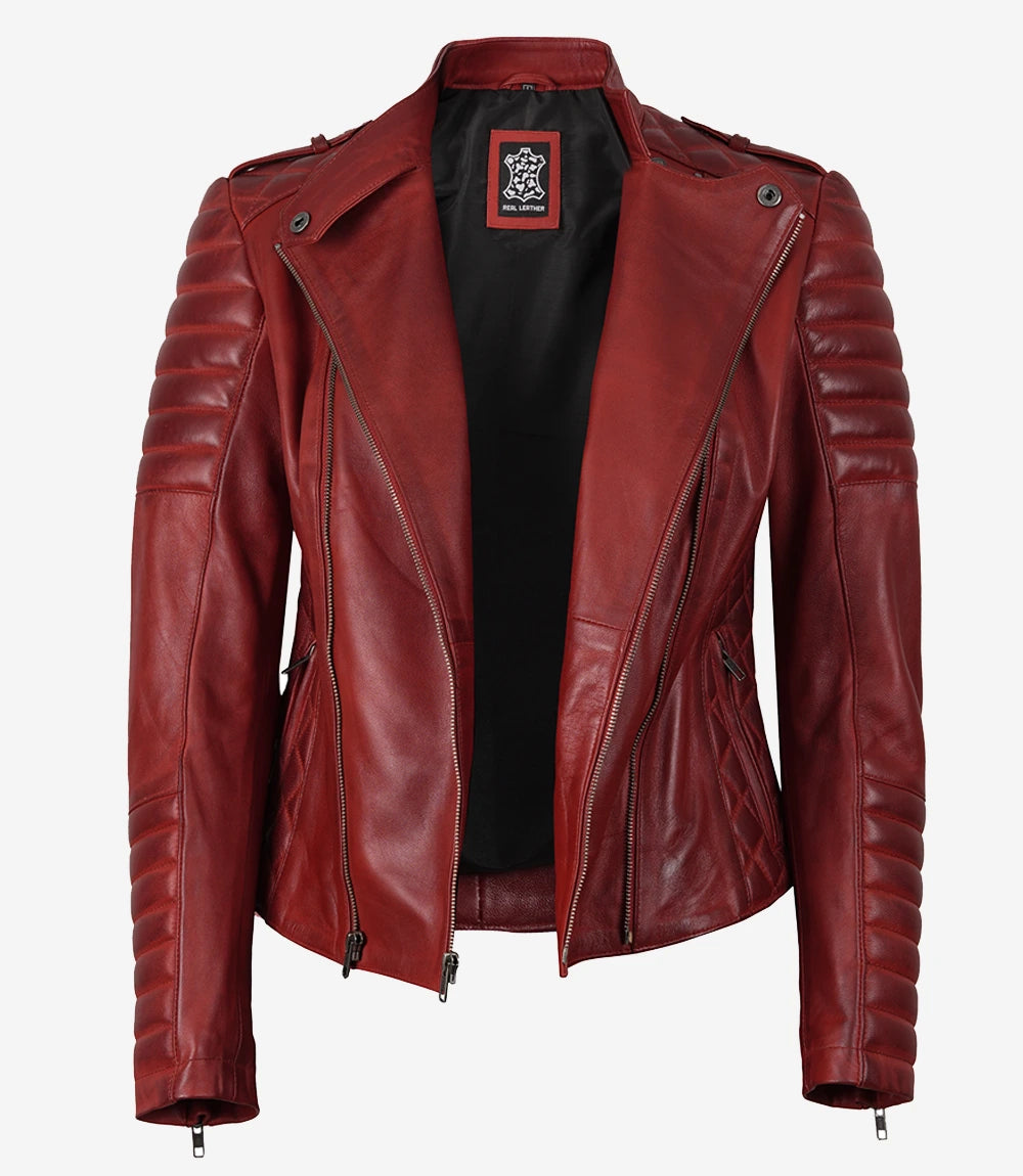 Womens Biker Quilted Red Leather Jacket