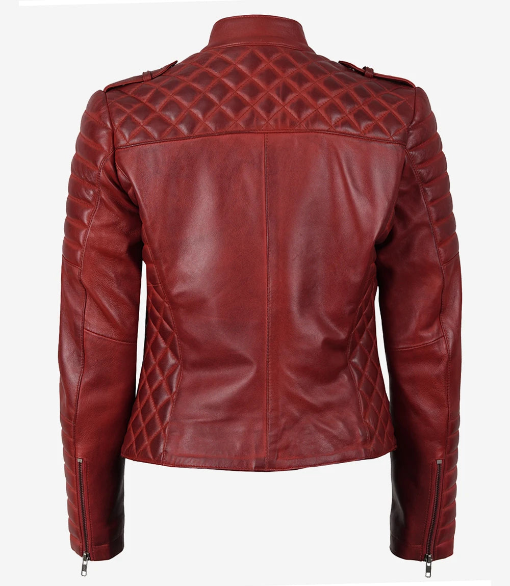 Womens Biker Quilted Red Leather Jacket Asymmetrical