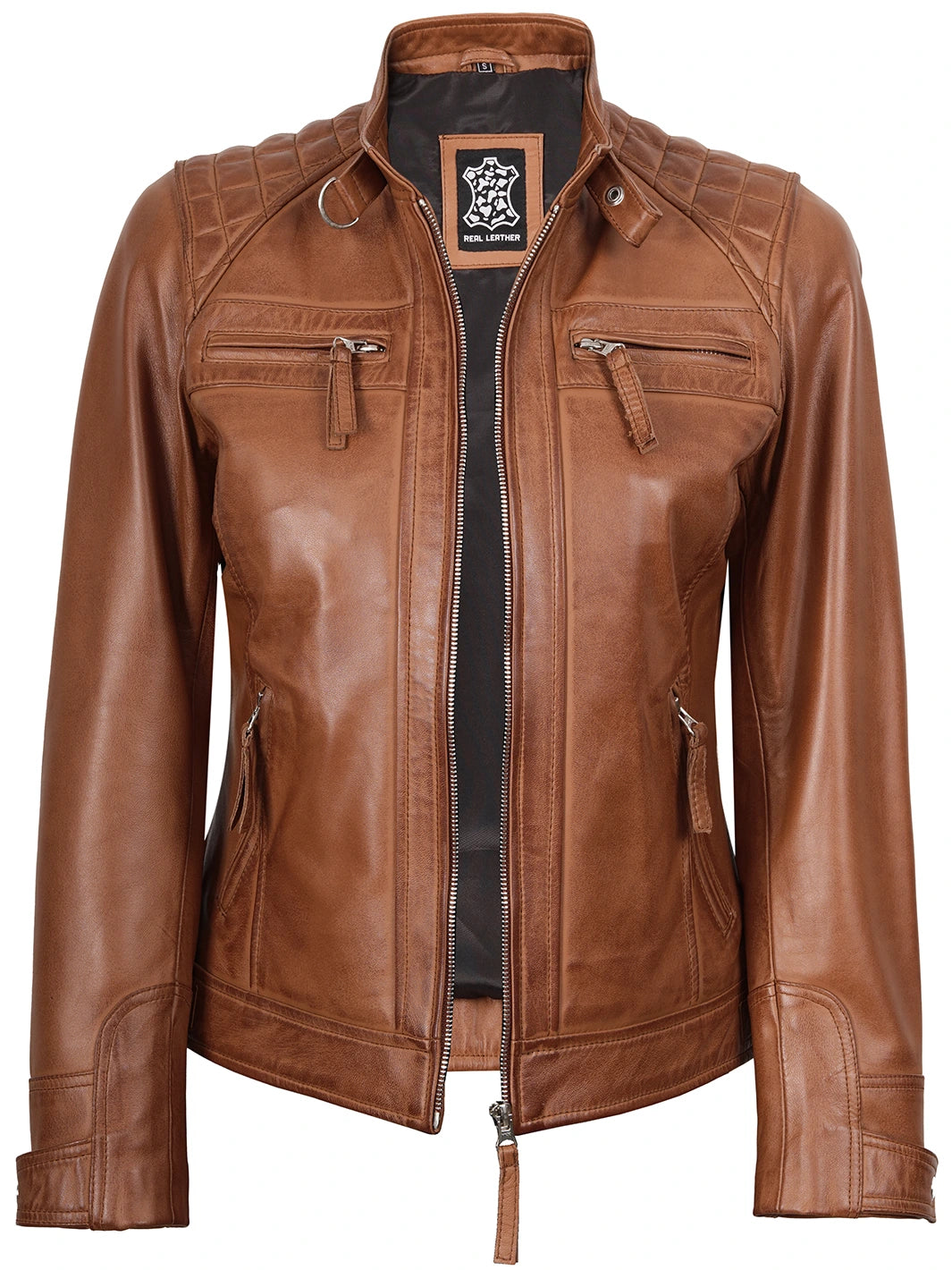 Womens Biker Real Leather Jacket Tan Brown