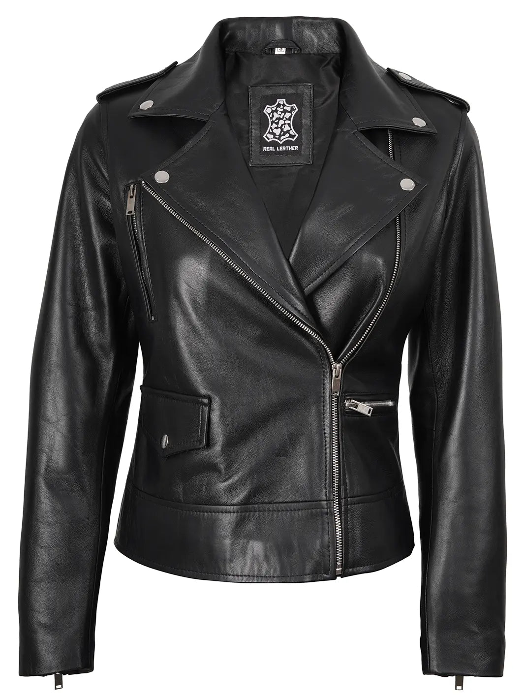 Womens Black Biker Real Leather Jacket 