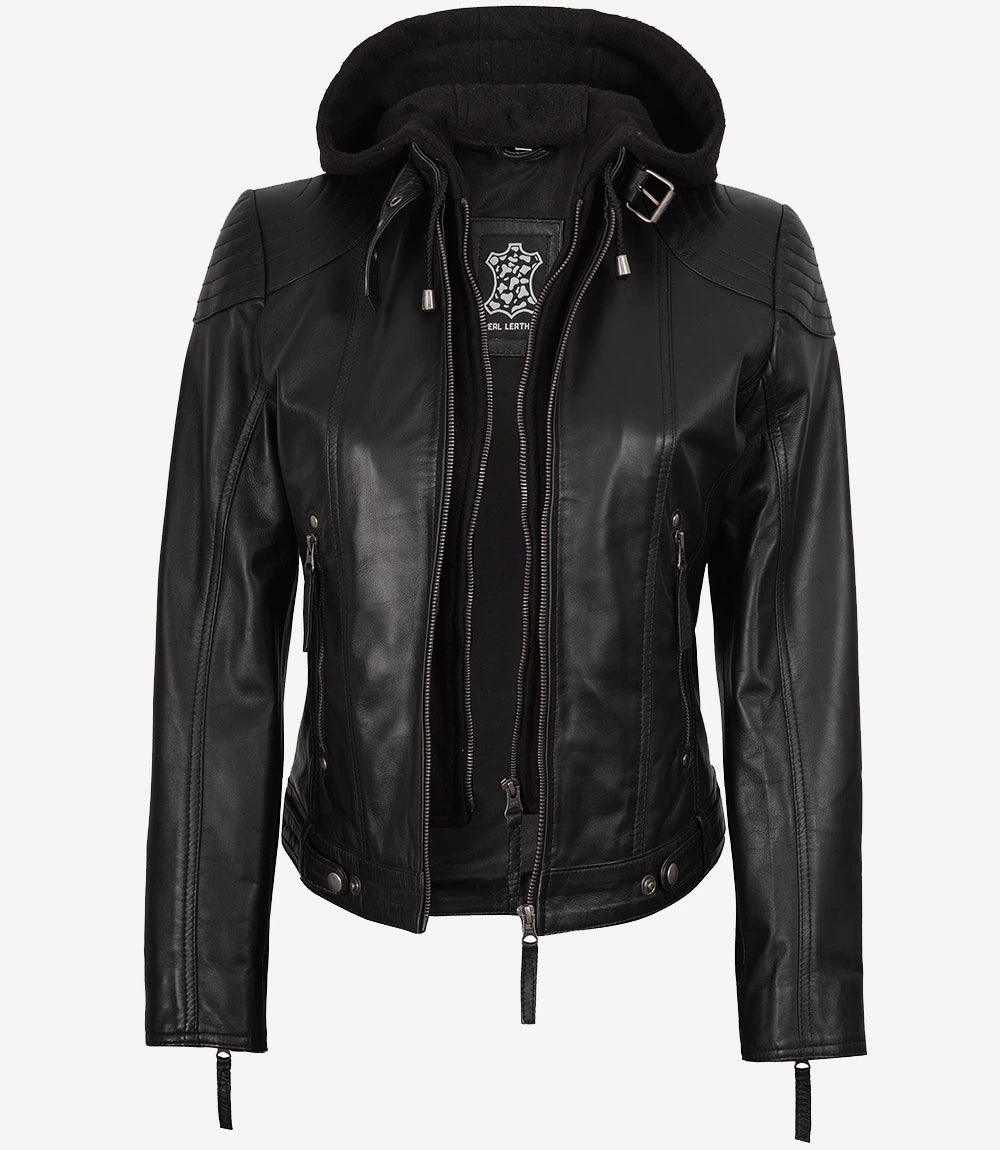 Womens Black Leather Jacket Hooded