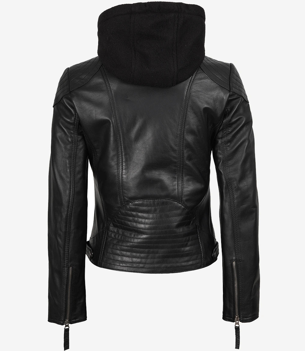 Womens Black Leather Jacket Removable Hood