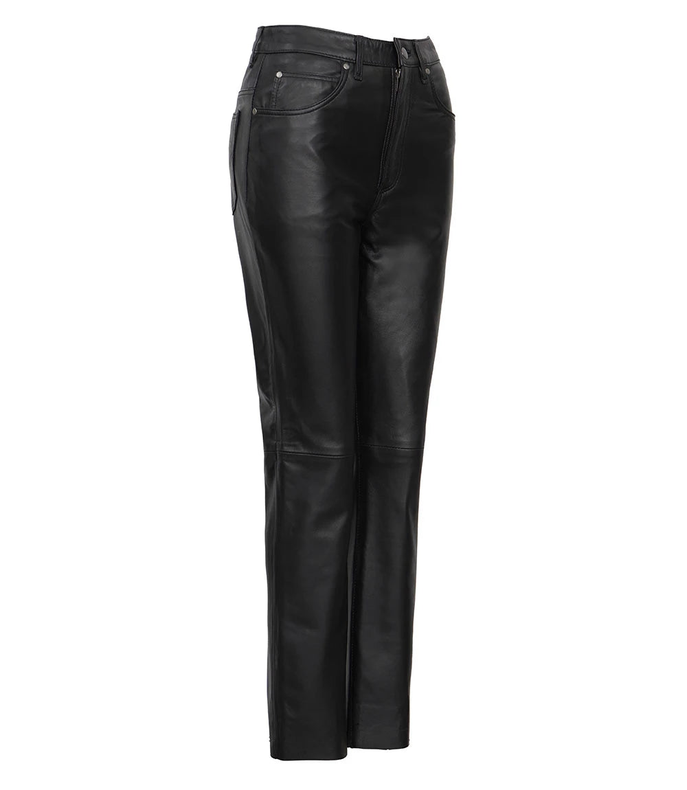 Women's Black High-Waisted Straight-Leg Leather Pants