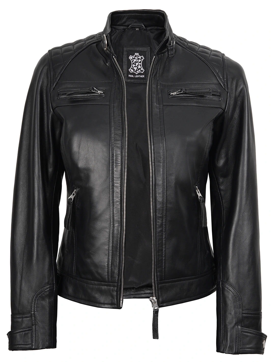 Womens Black Quilted Biker Style Leather Jacket