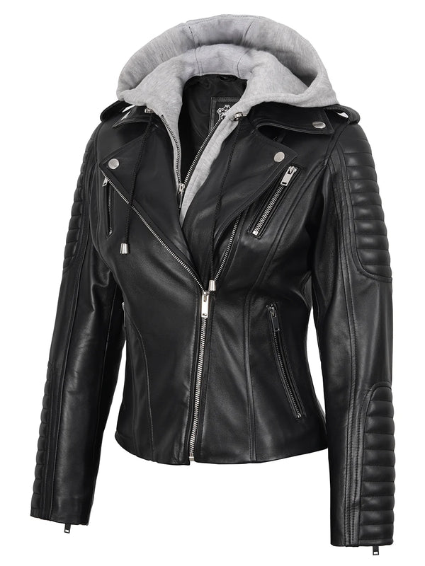 Womens Black Leather Biker Style Jacket With Removable Hood