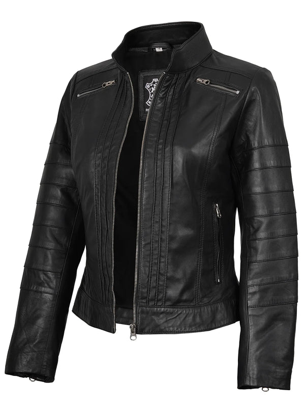  Womens Black Real Leather Cafe Racer Jacket