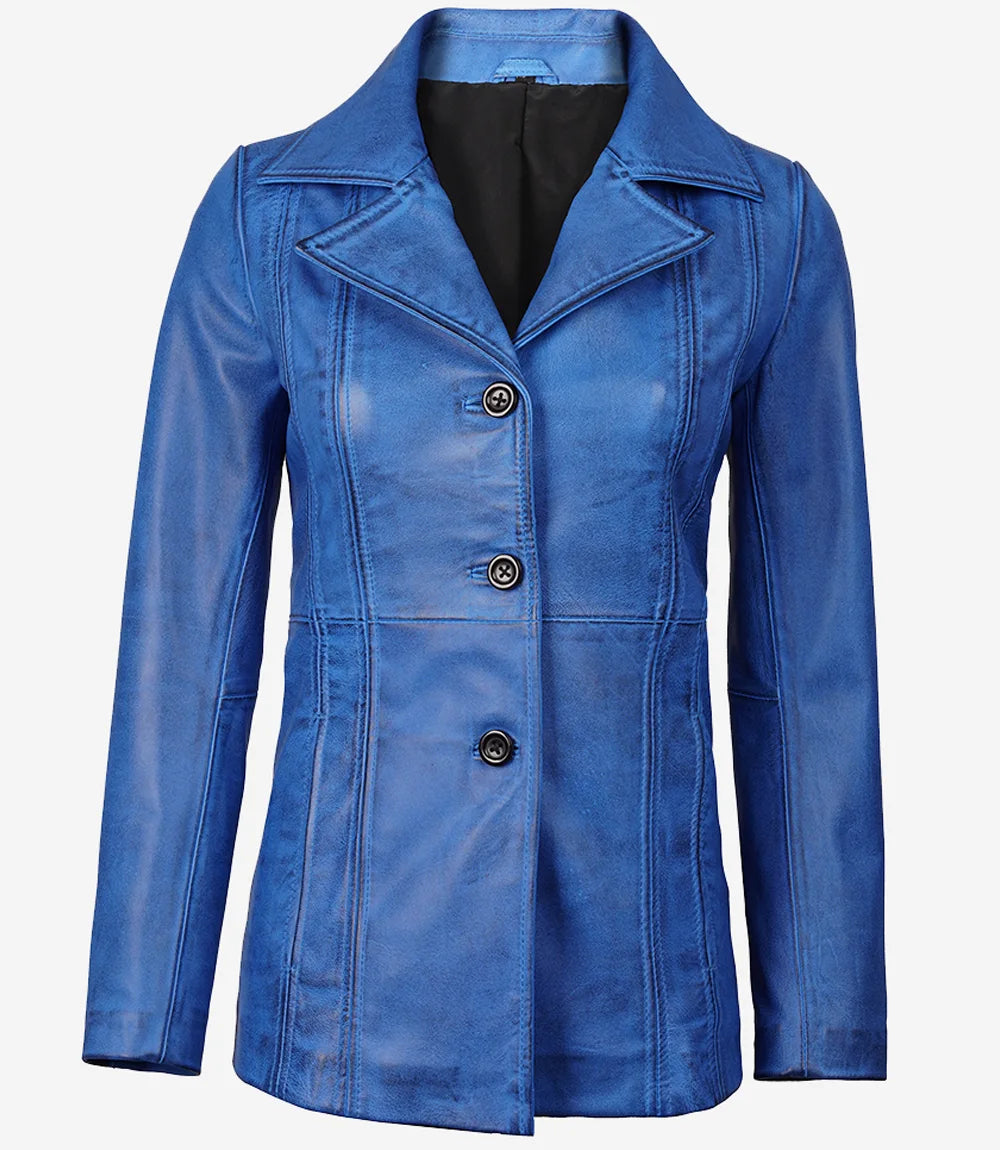 Womens Blue Leather 3/4 Length Car Coat