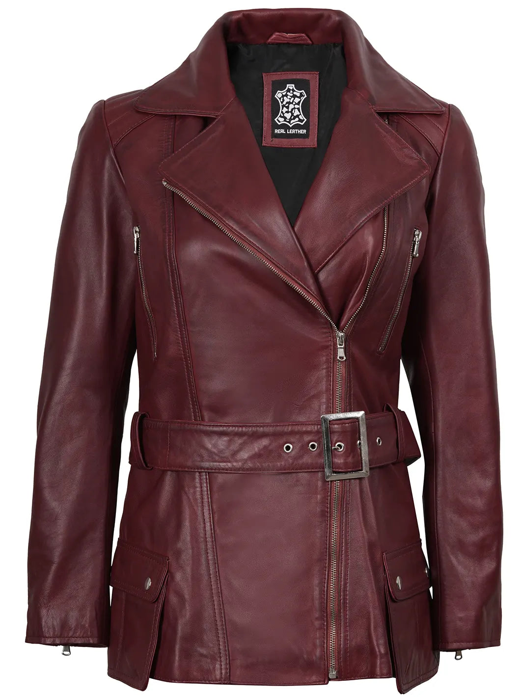 Womens Burgundy Asymmetrical Biker Real Leather Jacket
