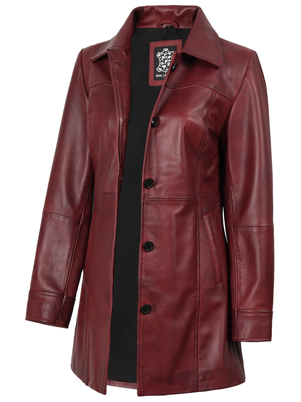 Womens Burgundy Real Leather Car Coat