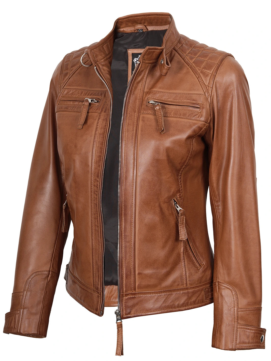 Womens Cafe Racer Style Tan Brown Leather Jacket