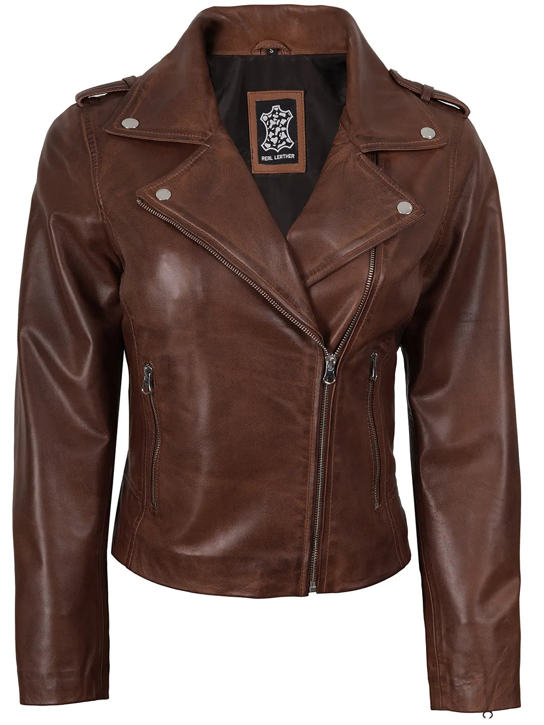 Womens Coganc Wax Biker Leather Jacket 