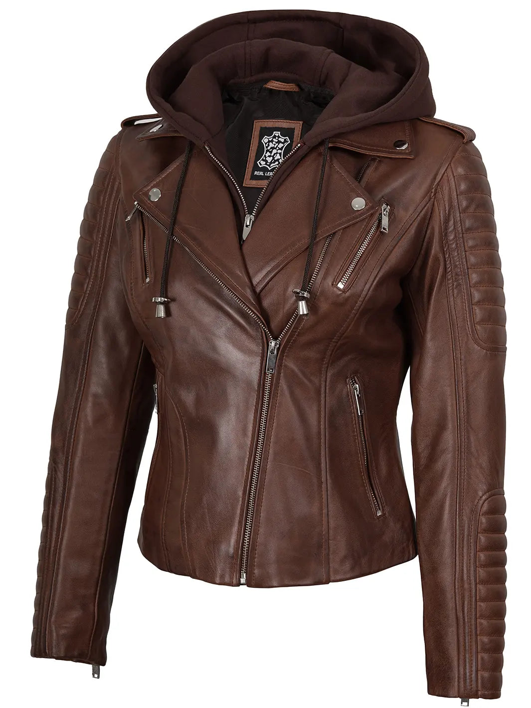Womens Cognac Biker Leather Jacket With Removable Hood