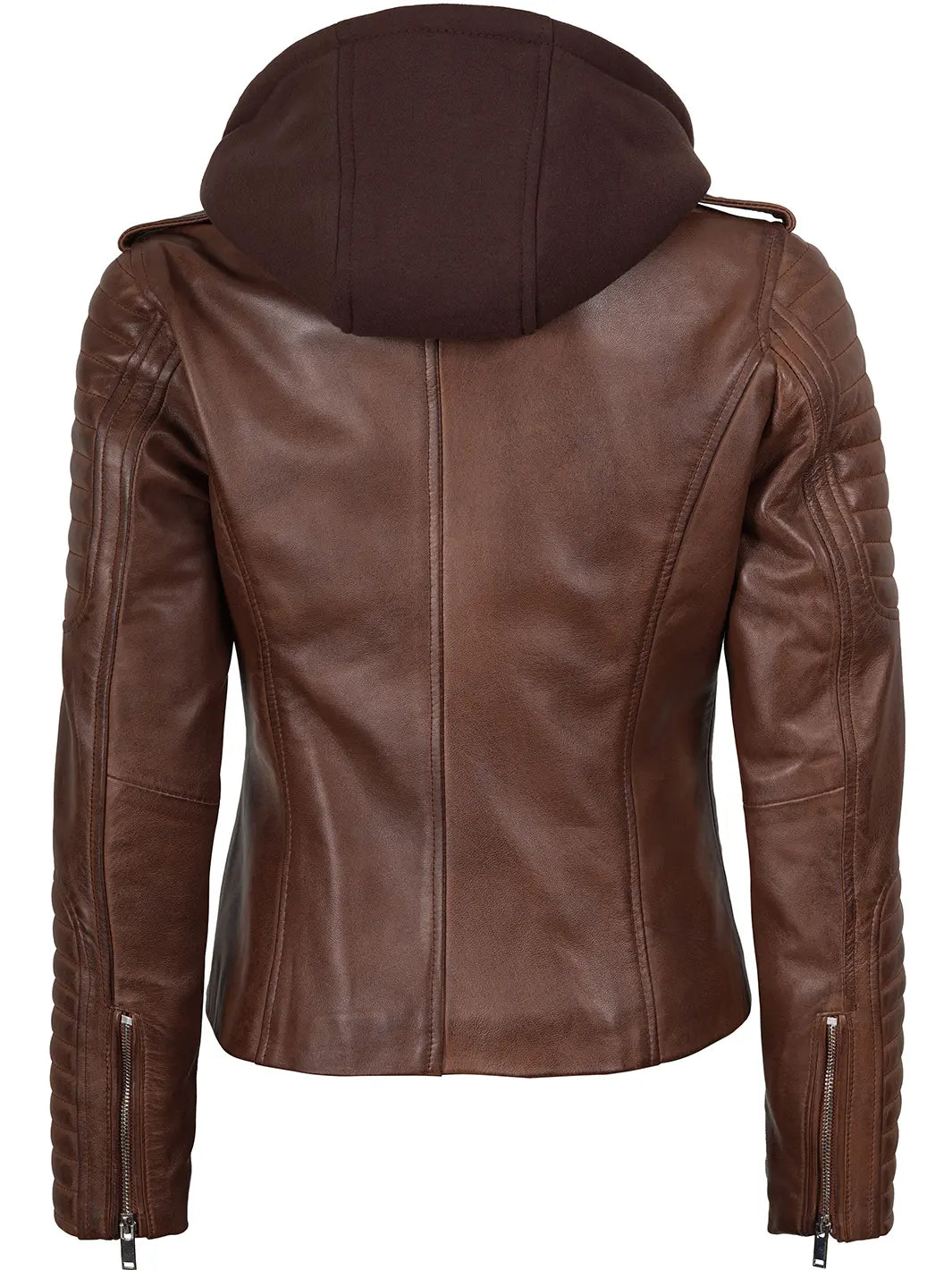 Womens Cognac Brown Biker Leather Jacket Hooded