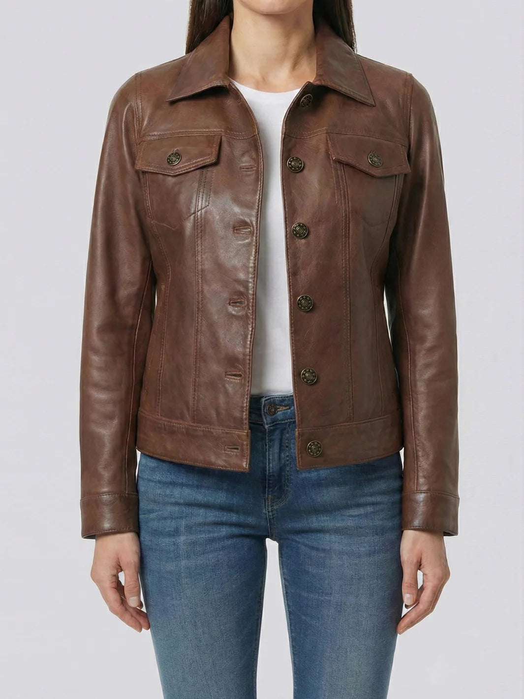 Women's Cognac Brown Leather Trucker Jacket