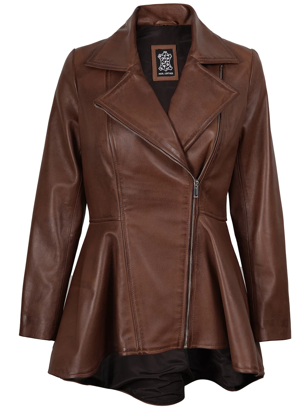 Womens Cognac Brown Peplum Leather Jacket