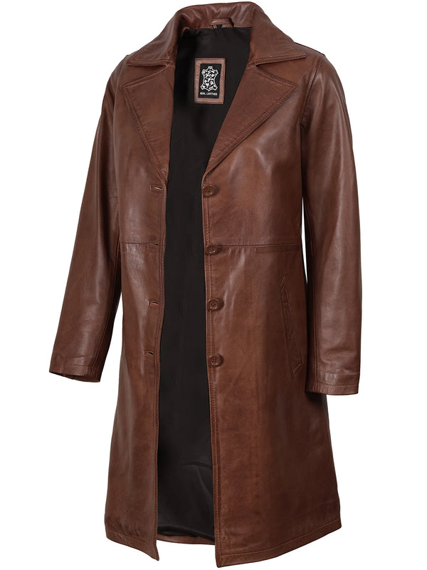 Womens Cognac Brown Real Leather 3 4 Length Coat