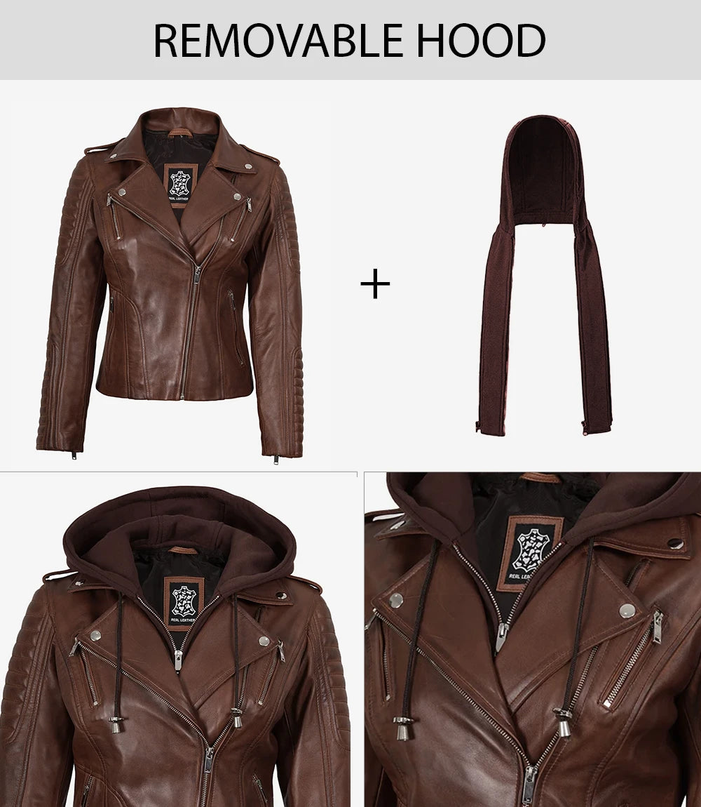 Womens Cognac Removable Hooded Jacket Features