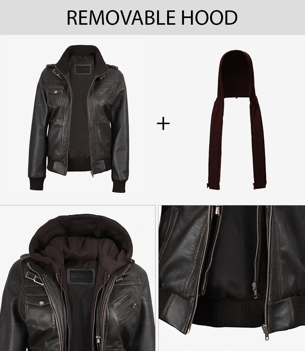 Womens Dark Brown Hooded Leather Jacket