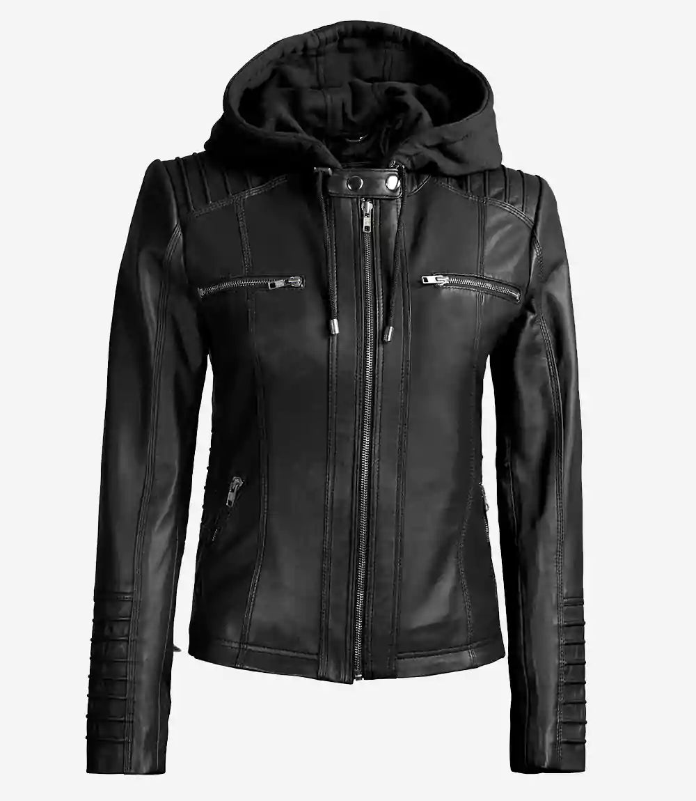 Womens Detachable Hooded Leather Jacket Black