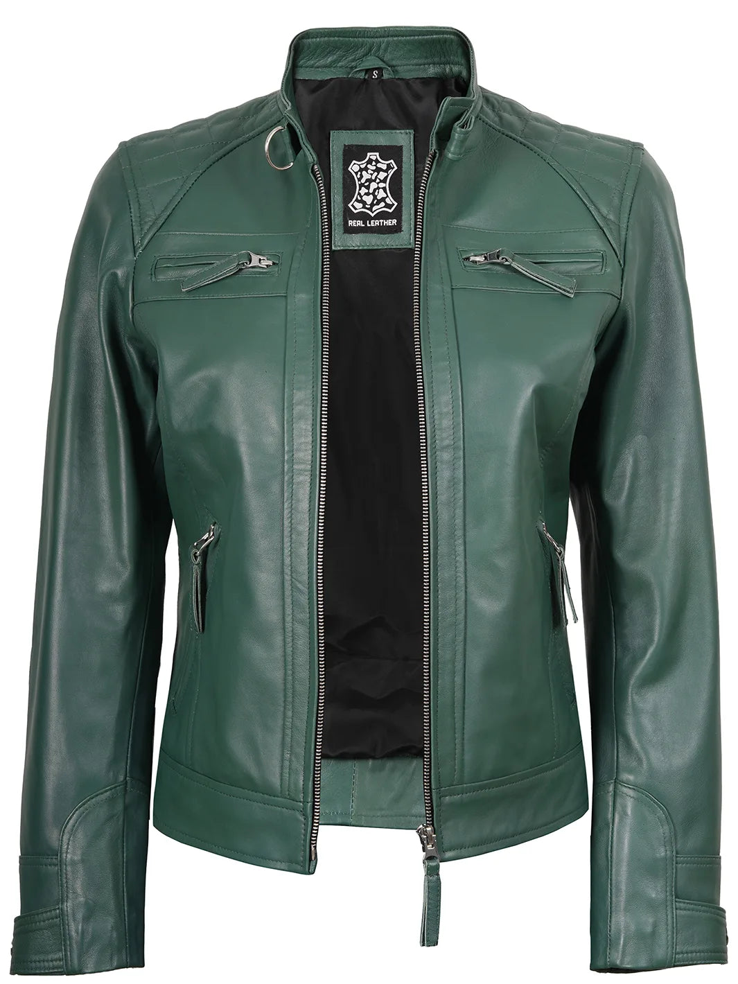 Womens Green Cafe Racer Real Leather Jacket