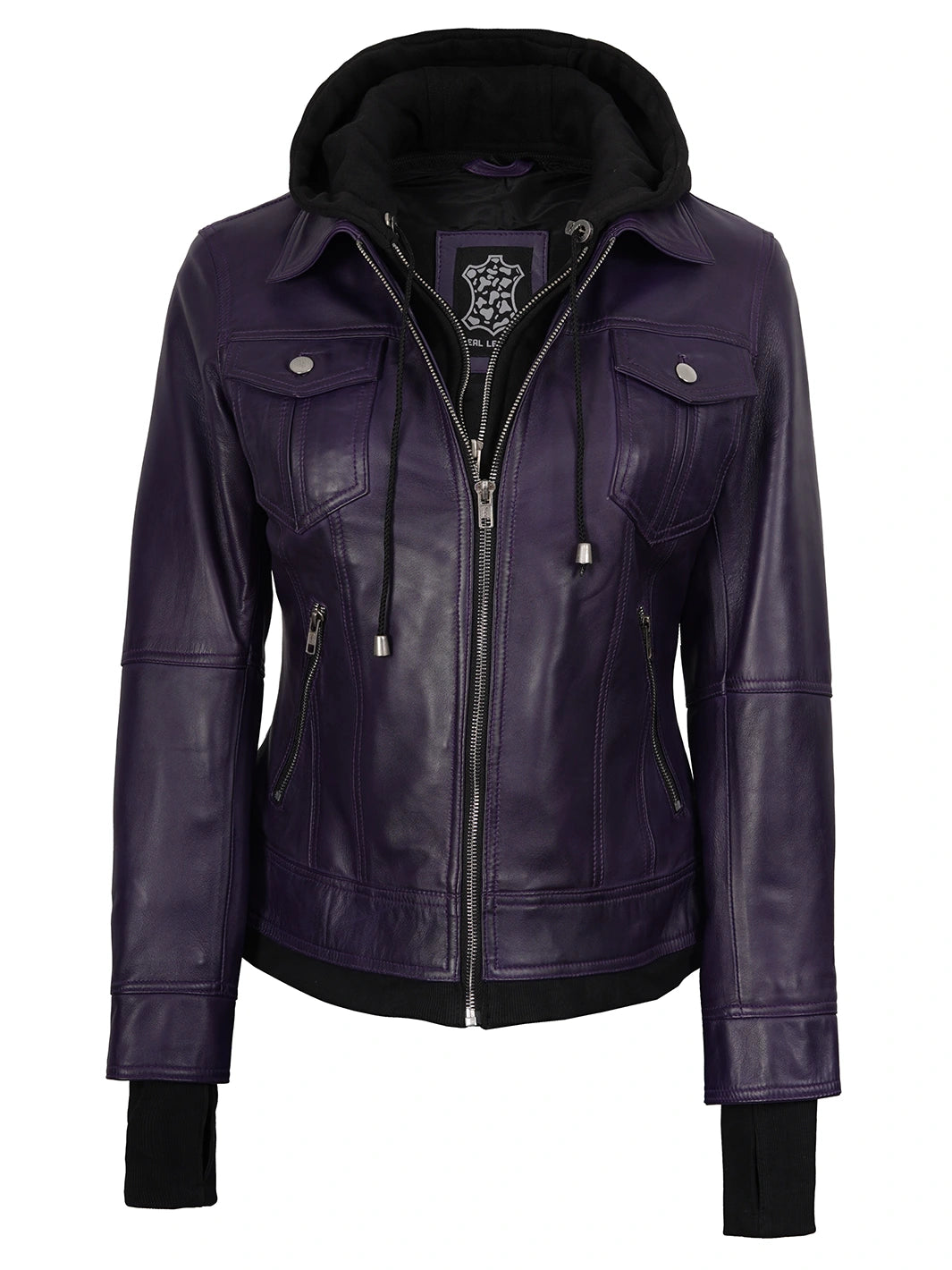 Womens Hooded Leather Jacket Purple