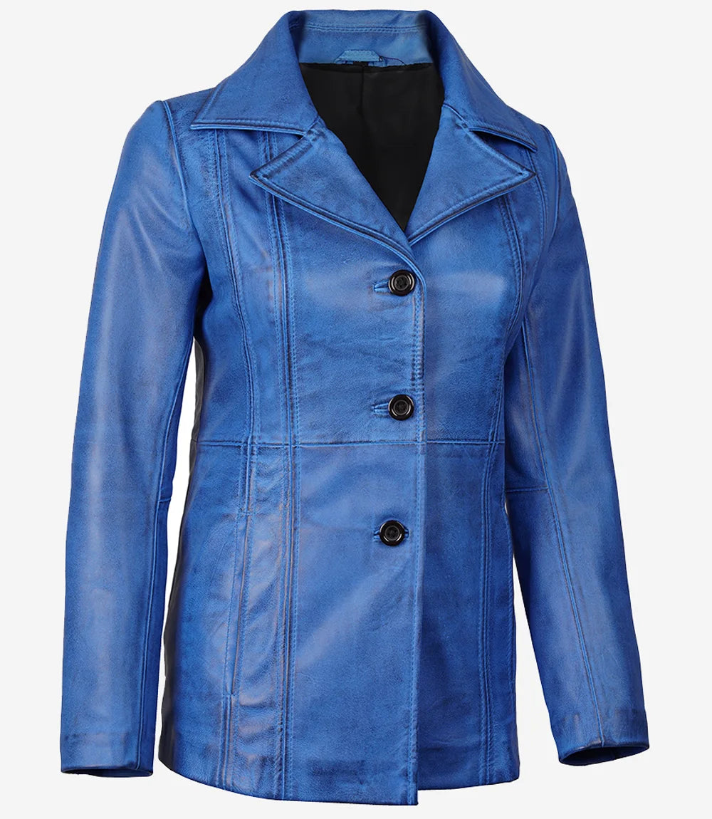 Womens Leather 3/4 Length Car Coat Blue