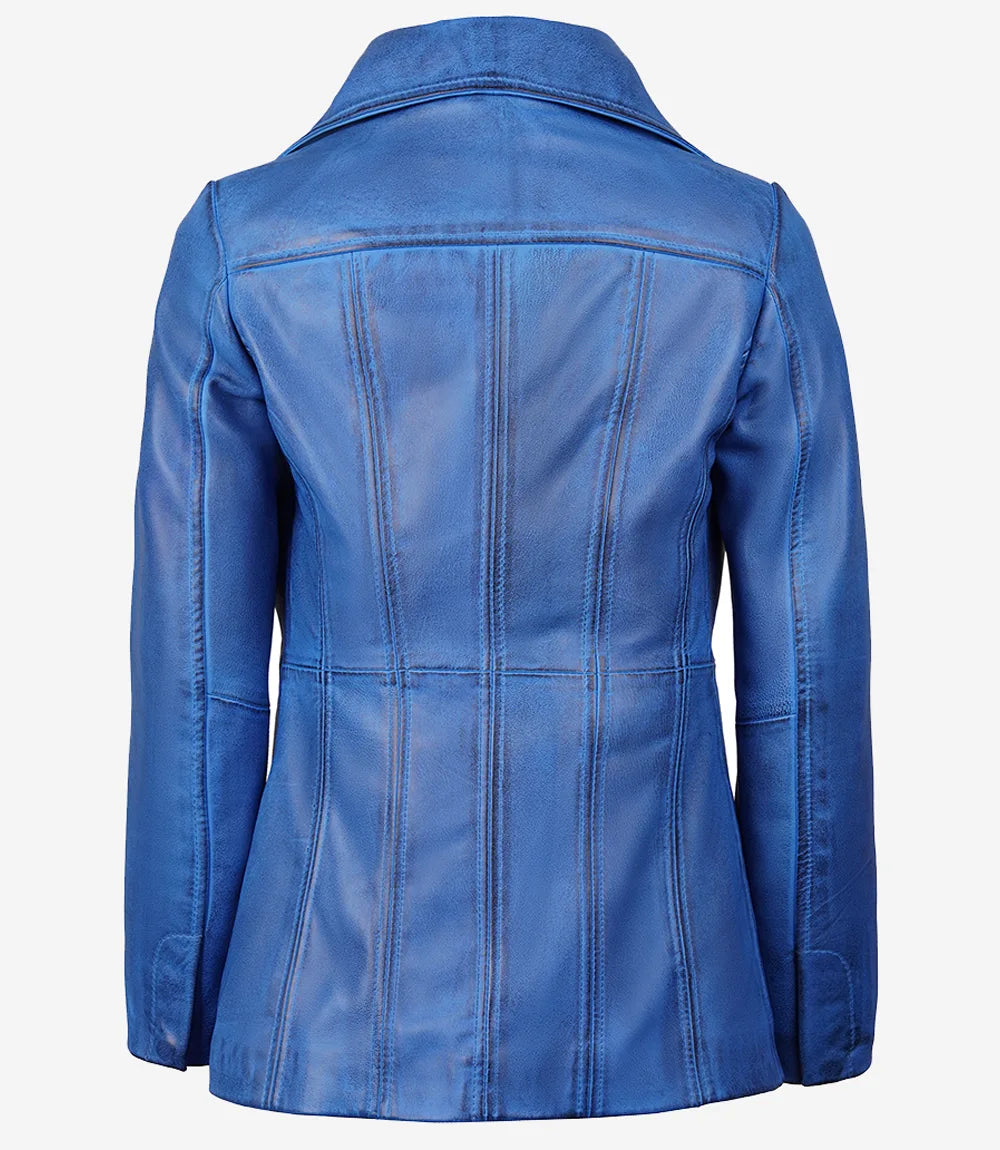 Womens Leather Blue 3/4 Length Car Coat