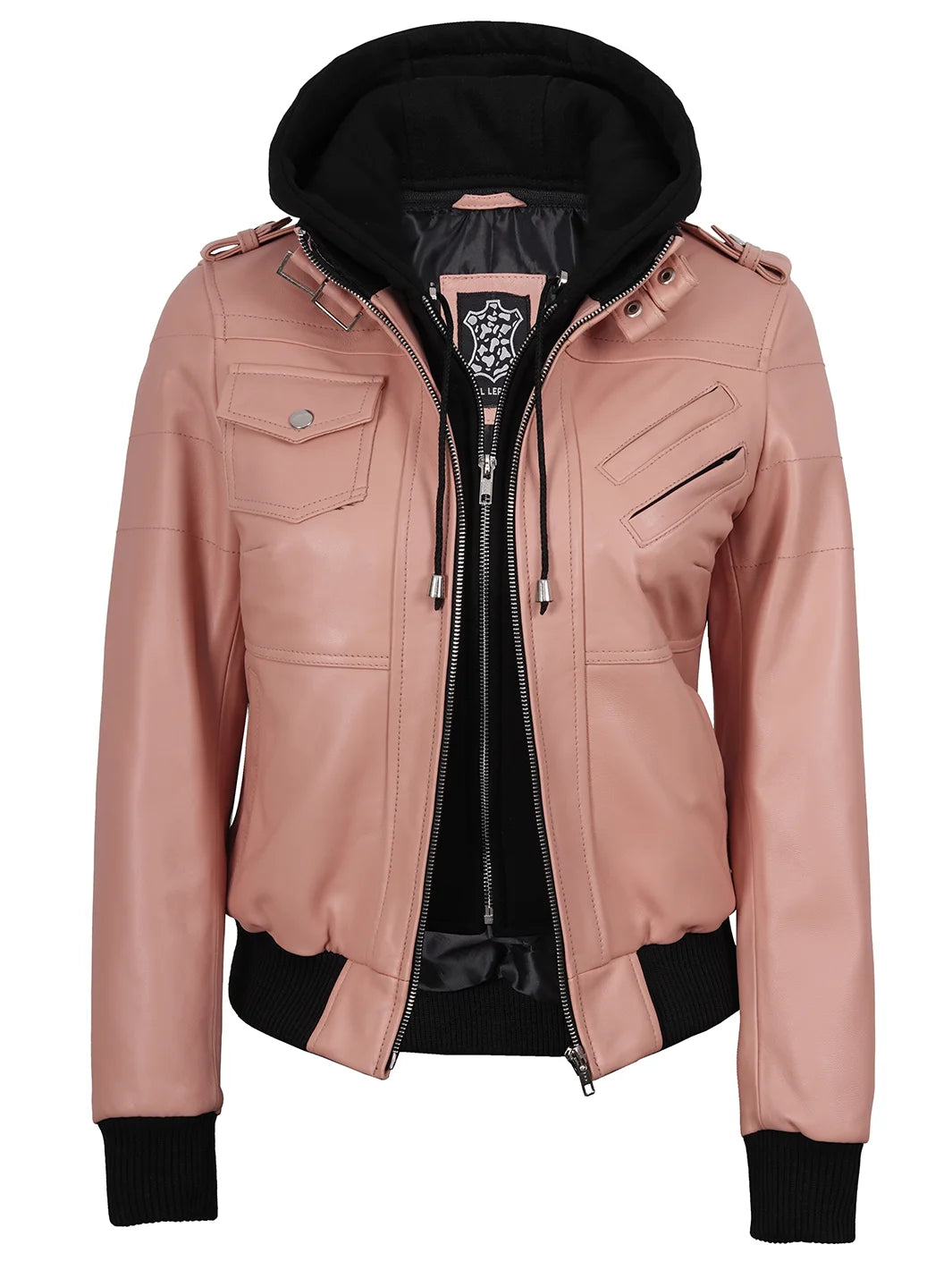 Womens Pink Bomber Leather Jacket Hooded