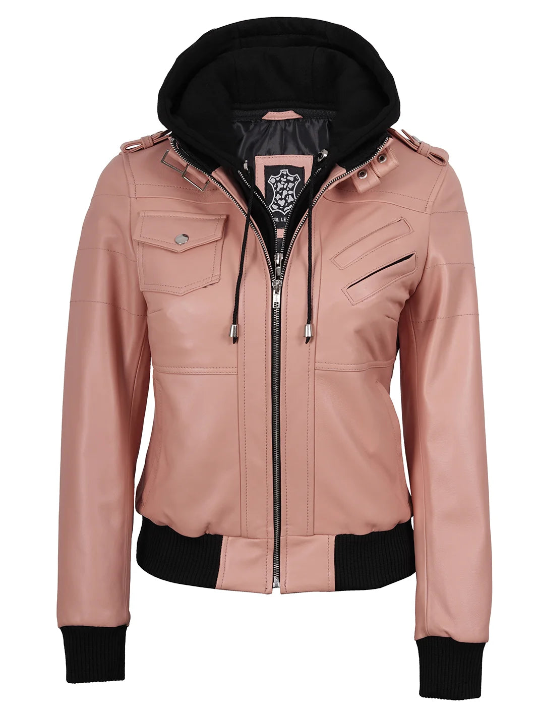 Womens Pink Bomber Leather Jacket With Hood