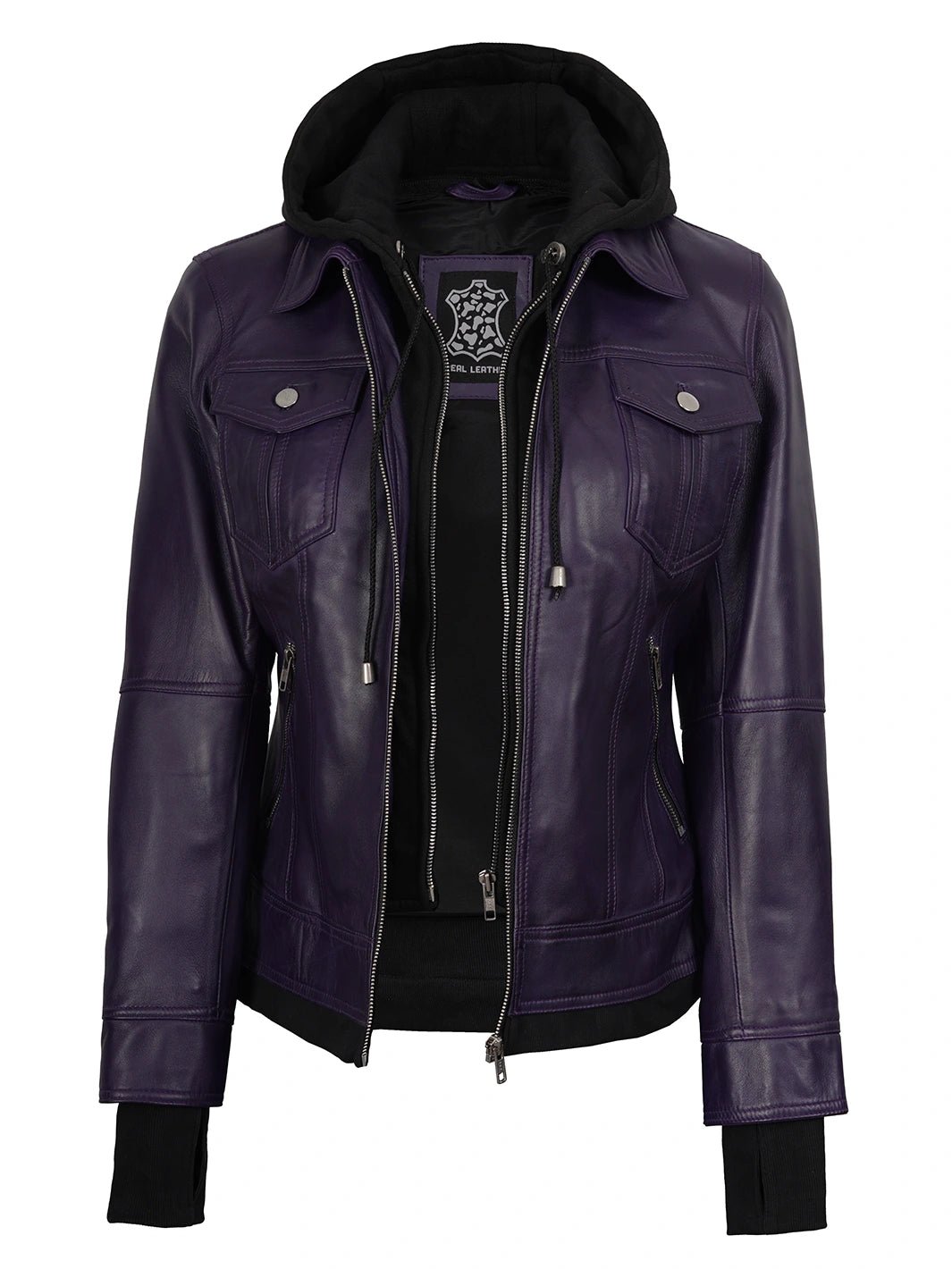 Women's Purple Leather Jacket with Removable Hood
