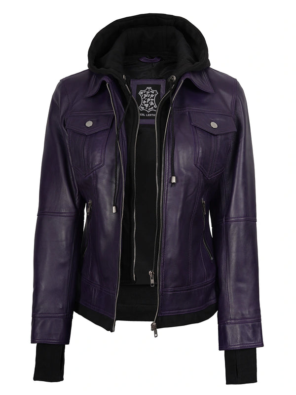 Women's Purple Leather Jacket with Removable Hood