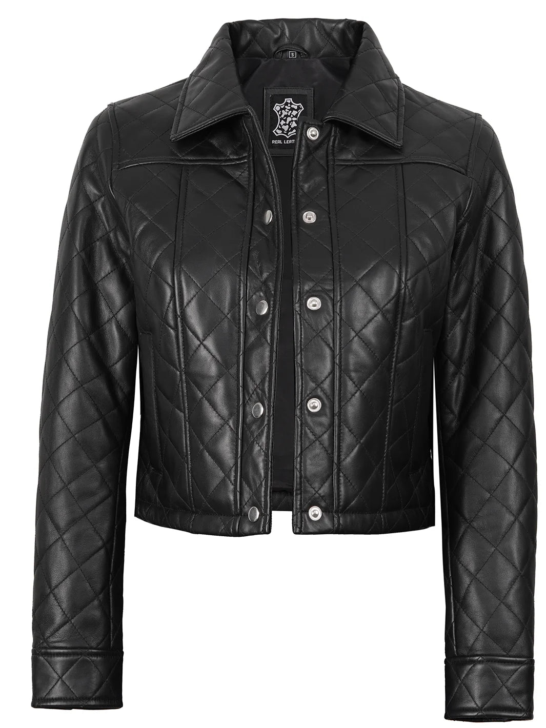 Womens Quilted Black Cropped Leather Jacket