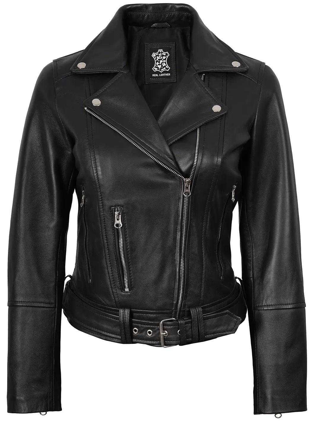Womens Real Leather Jacket Biker Style 