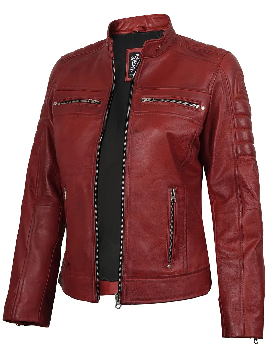 Decrum Austin Womens Red Cafe Racer Style Leather Jacket