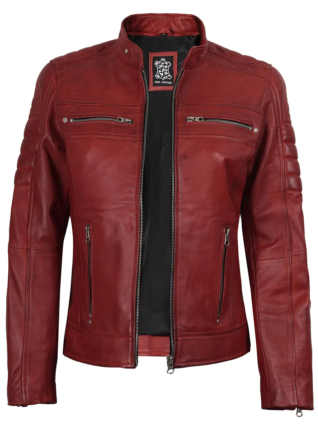 Decrum Austin Womens Red Cafe Racer Style Leather Jacket