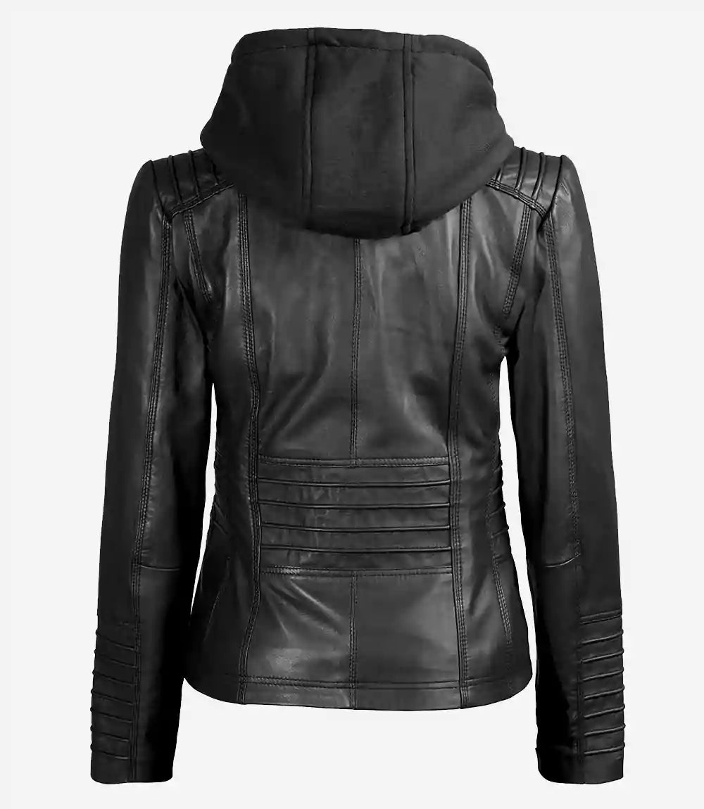 Womens Removable Hood Leather Jacket In Black