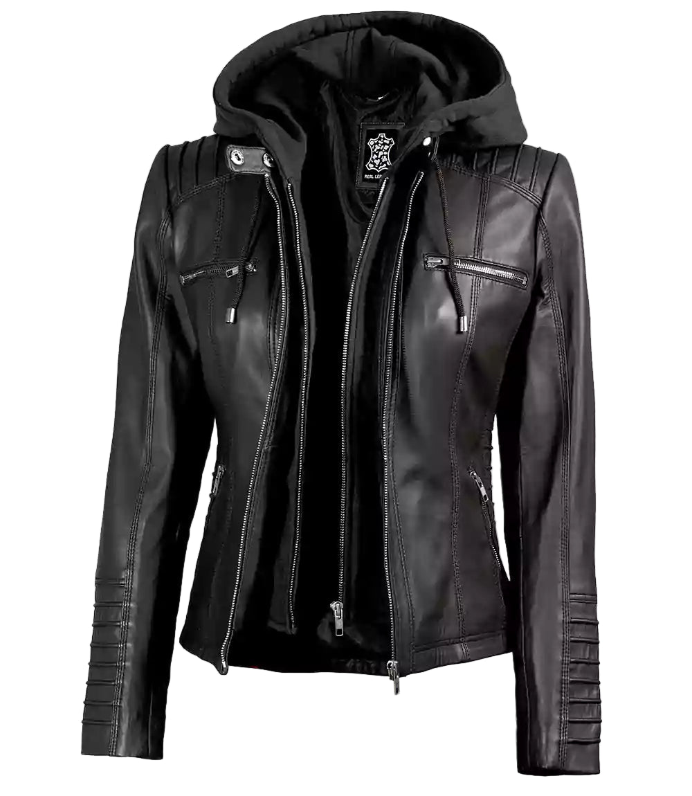 Women's Black Leather Jacket With Removable Hood