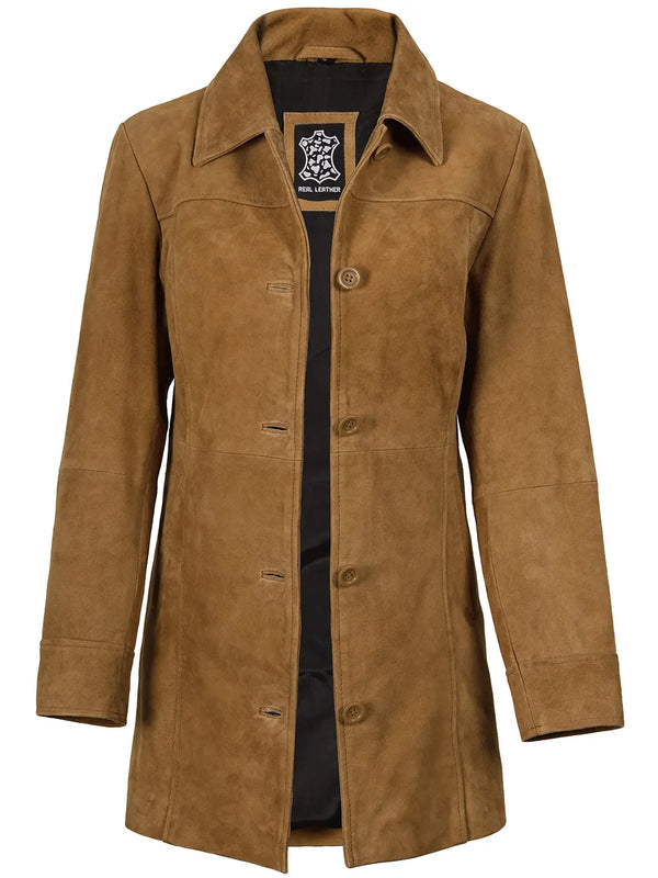 Womens Suede Car Coat Light Brown 