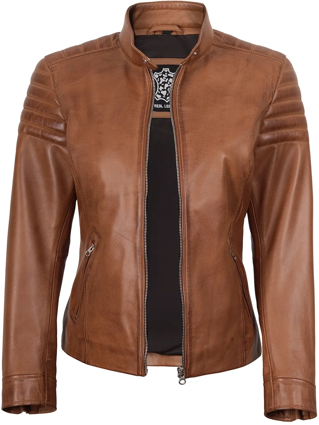 Womens Tan Brown Cafe Racer Leather Jacket