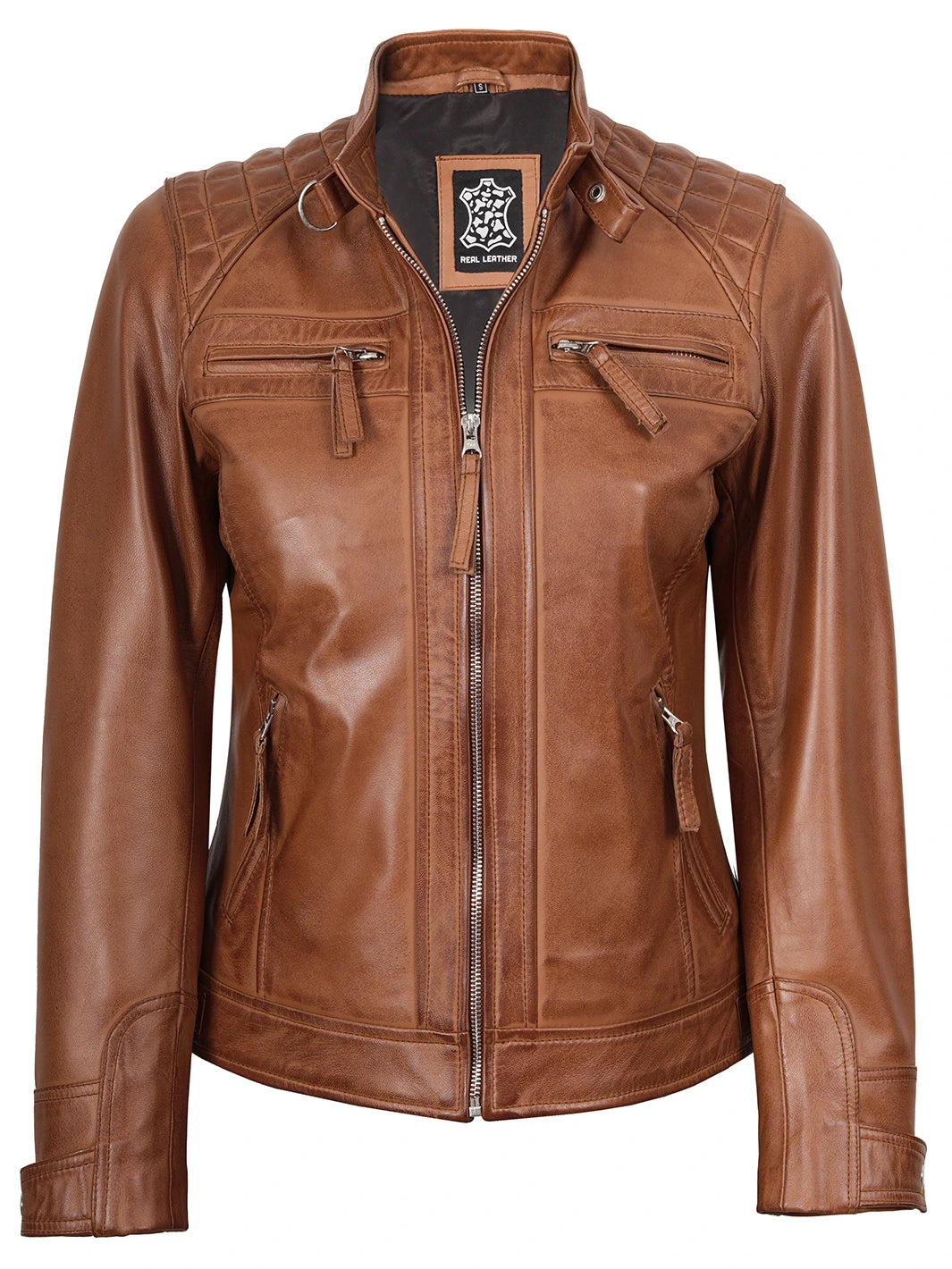 Womens Tan Brown Leather Jacket Biker Style