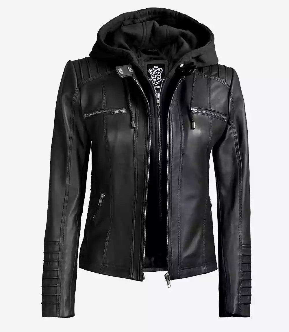 Womens Zippered Hooded Leather Jacket Black