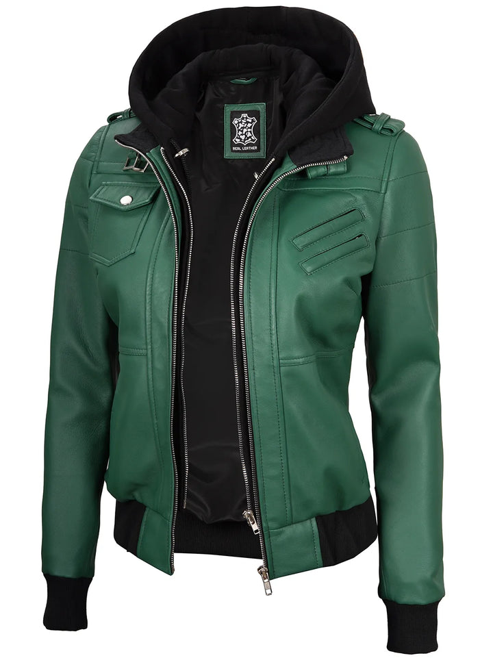 Womens bomber hooded leather jacket