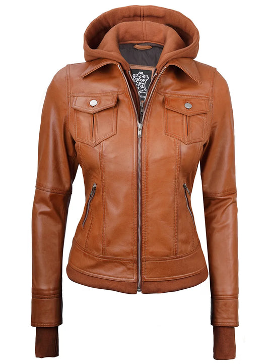 Womens leather hooded jacket
