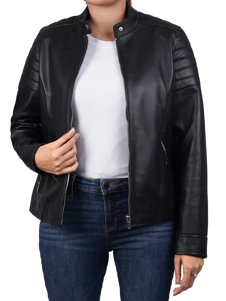 Womens relax fit black leather jacket