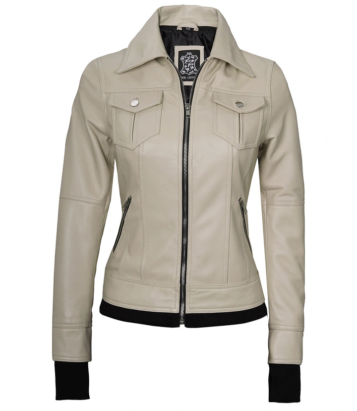 beige leather jacket womens