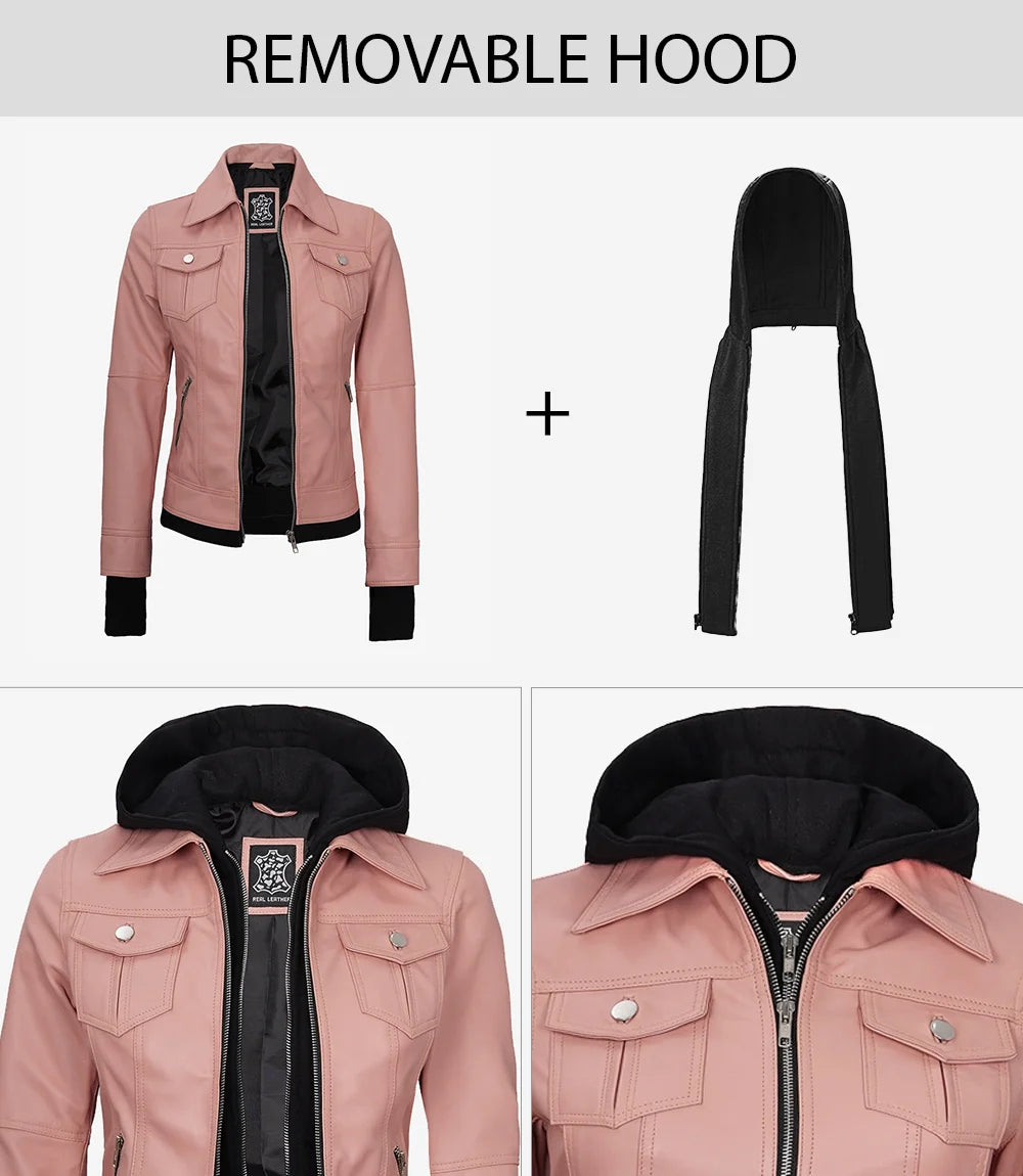 Pink jacket with a removable black hood on a white background
