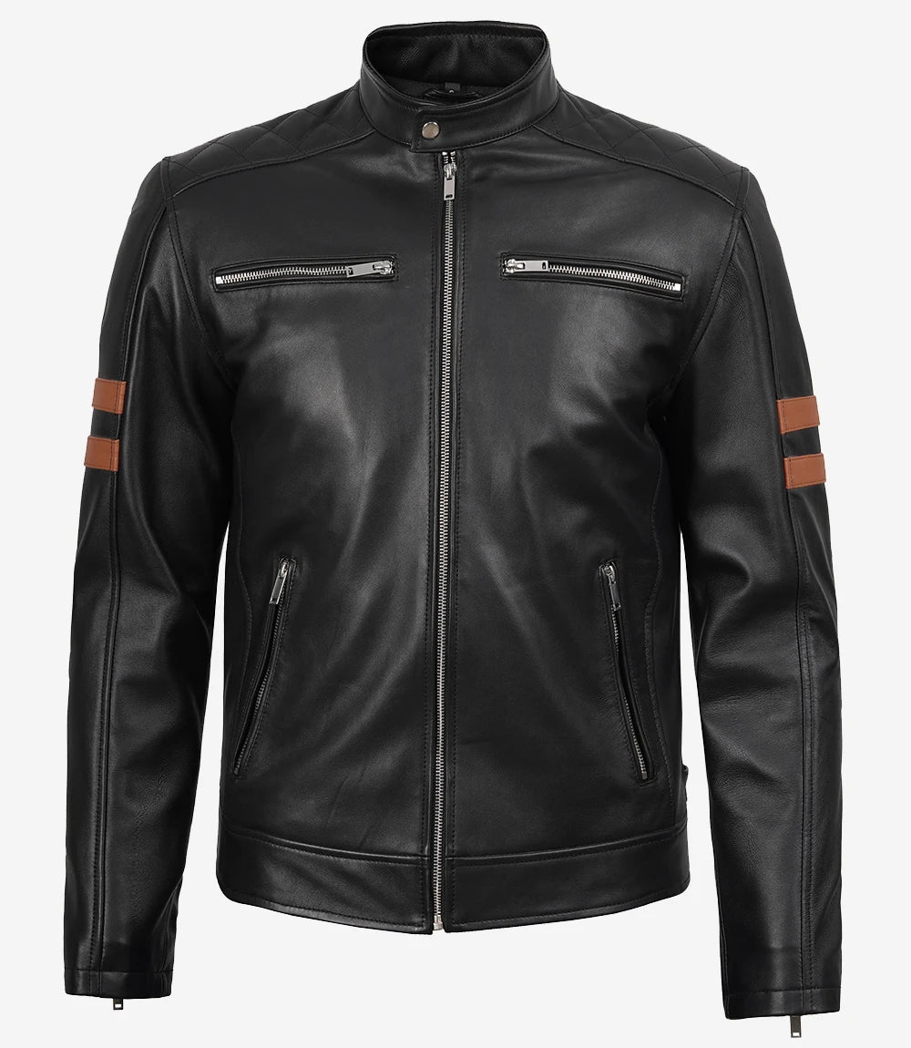 Black leather jacket with brown accents on a white background