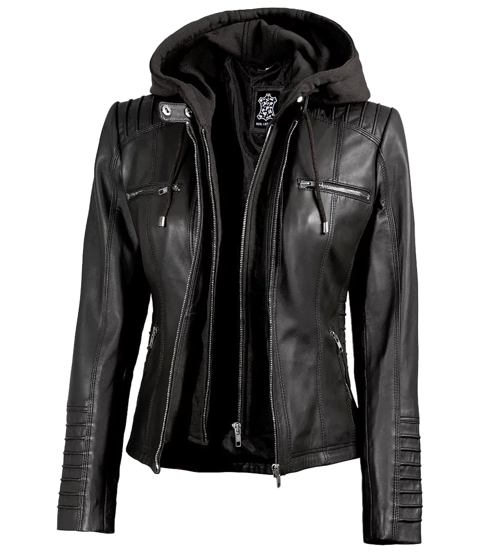 Black Leather Jacket With Removable Hood Womens